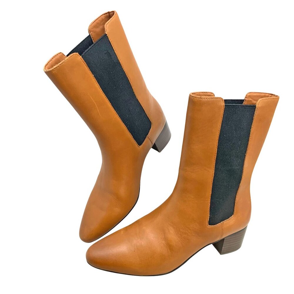J Crew BA767 Cognac Leather High Shaft Stacked‎ Heel Chelsea Boots